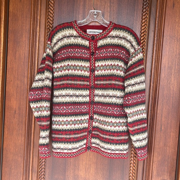 Vintage Crystal Kobe Shetland Wool Sweater Nordic Red Fair Isle Womens Small - Picture 1 of 16